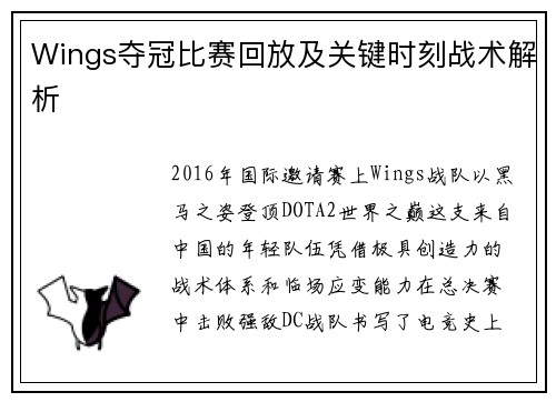 Wings夺冠比赛回放及关键时刻战术解析