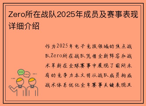 Zero所在战队2025年成员及赛事表现详细介绍