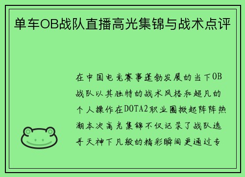 单车OB战队直播高光集锦与战术点评